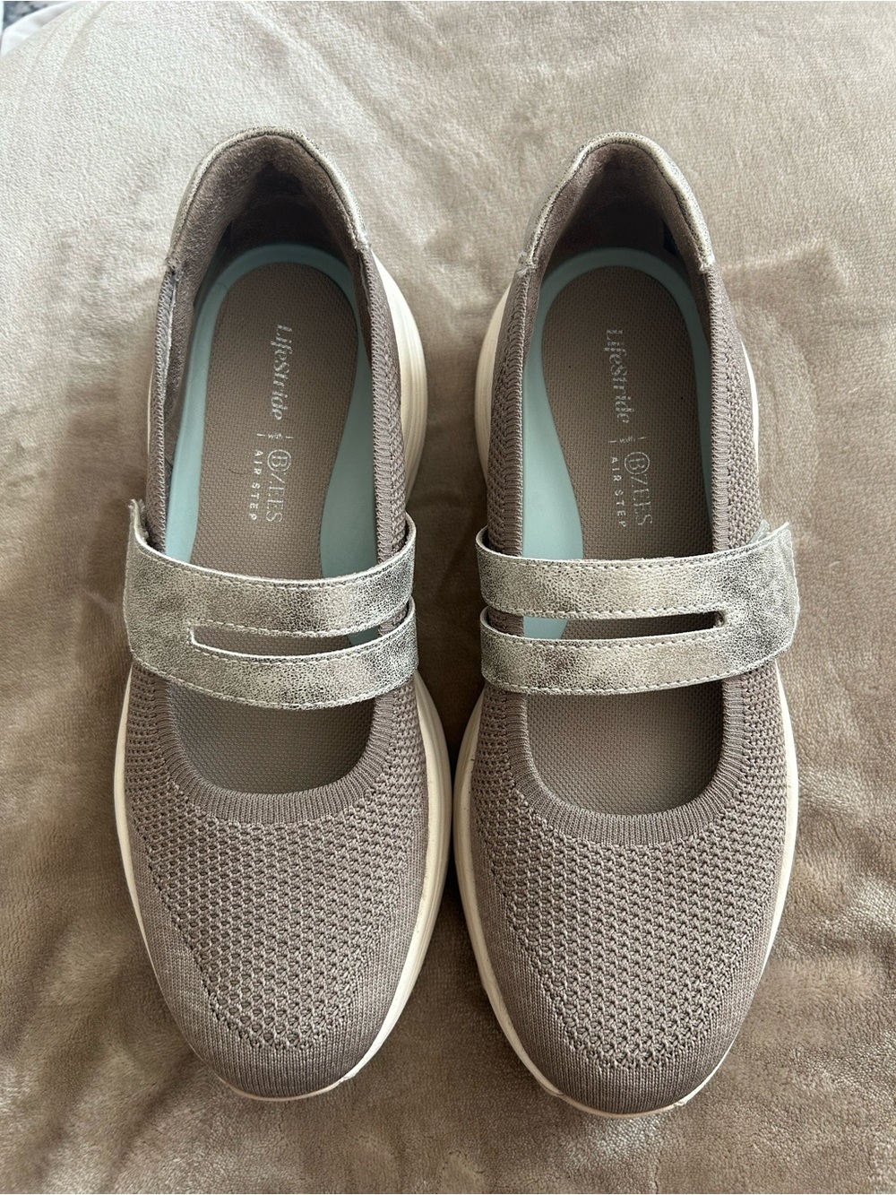 Life Stride Taupe Knit Mary Jane Sneakers with Velcro Strap